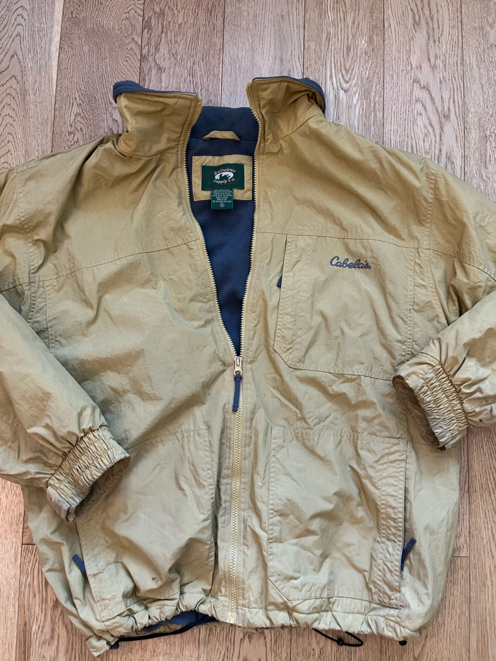 Vintage Cabelas Stillwater Supply Co Jacket XL Tan Nylon Fleece Lined Bomber 90s